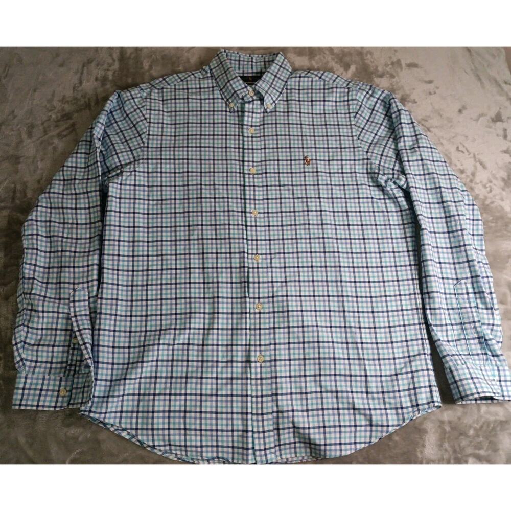 Polo Ralph Lauren Button Down Long Sleeve Shirt Mens L Checkered Blue Flesh Pony